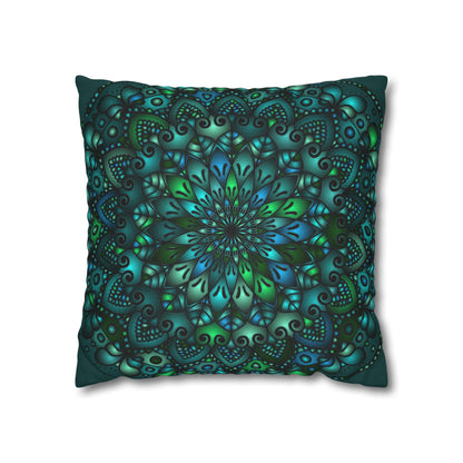 Spun Polyester Square Pillowcase Mandala Art - Original Fine Art - Hand - drawn - Petroleum Green - Blululi