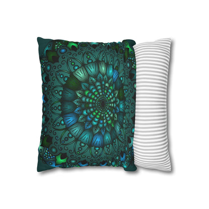 Spun Polyester Square Pillowcase Mandala Art - Original Fine Art - Hand - drawn - Petroleum Green - Blululi