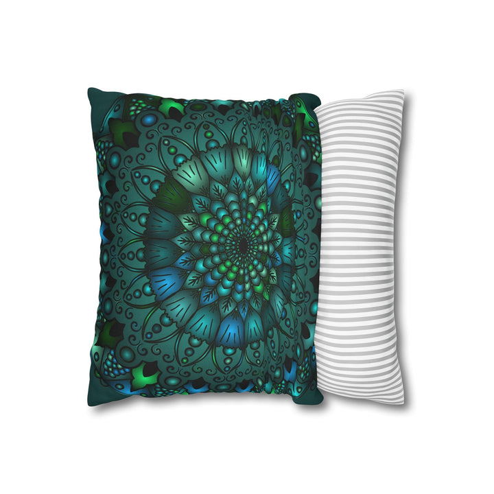 Spun Polyester Square Pillowcase Mandala Art - Original Fine Art - Hand - drawn - Petroleum Green - Blululi