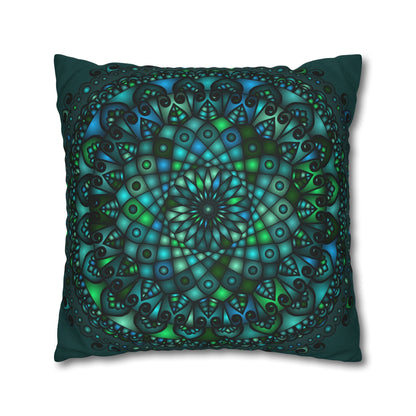 Spun Polyester Square Pillowcase Mandala Art - Original Fine Art - Hand - drawn - Petroleum Green - Blululi