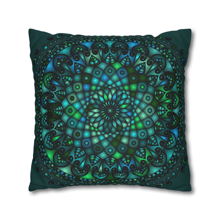 Spun Polyester Square Pillowcase Mandala Art - Original Fine Art - Hand - drawn - Petroleum Green - Blululi