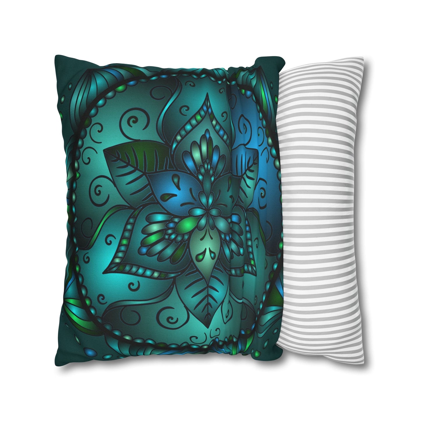 Spun Polyester Square Pillowcase Mandala Art - Original Fine Art - Hand - drawn - Petroleum Green - Blululi