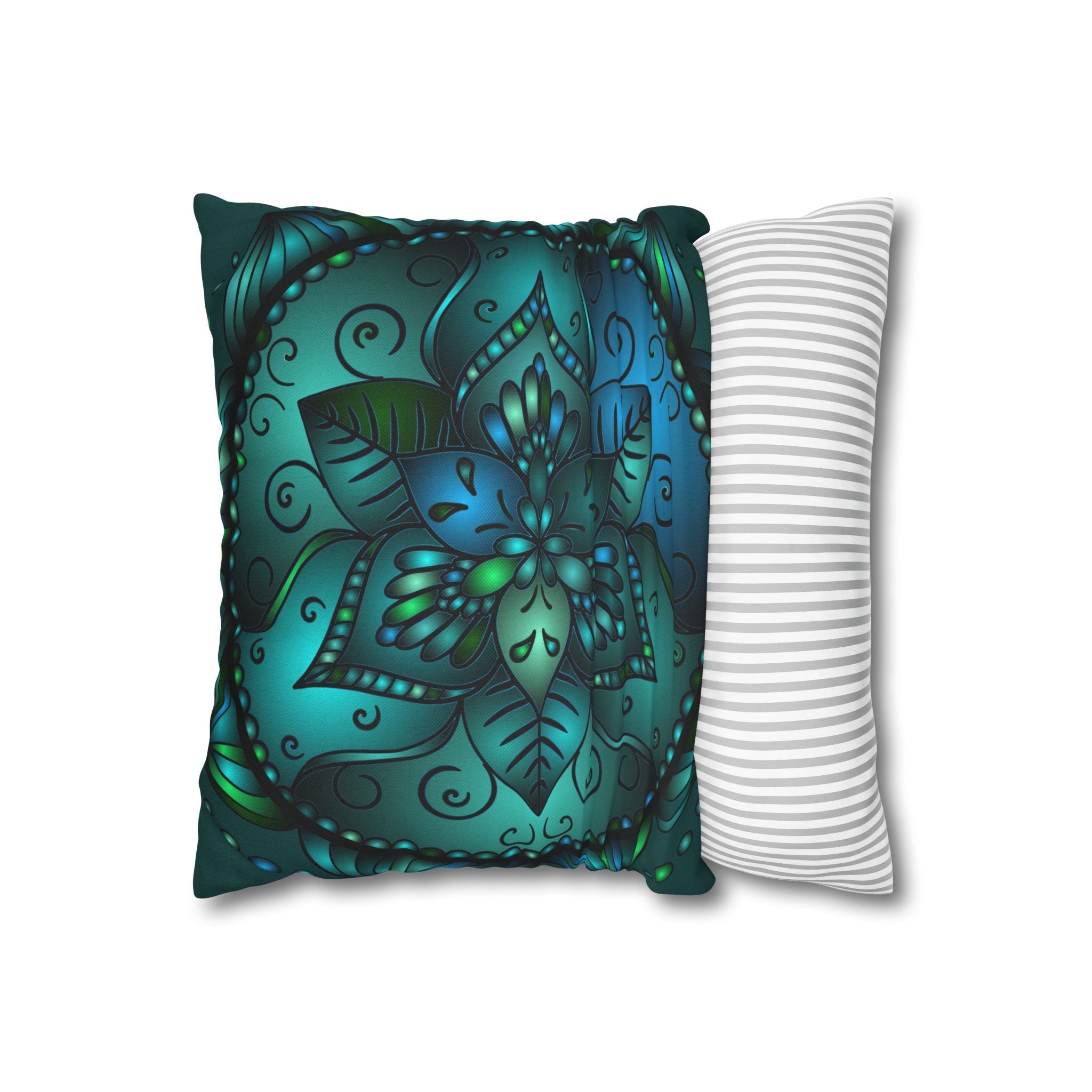 Spun Polyester Square Pillowcase Mandala Art - Original Fine Art - Hand - drawn - Petroleum Green - Blululi