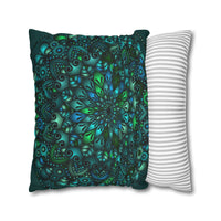 Spun Polyester Square Pillowcase Mandala Art - Original Fine Art - Hand - drawn - Petroleum Green - Blululi