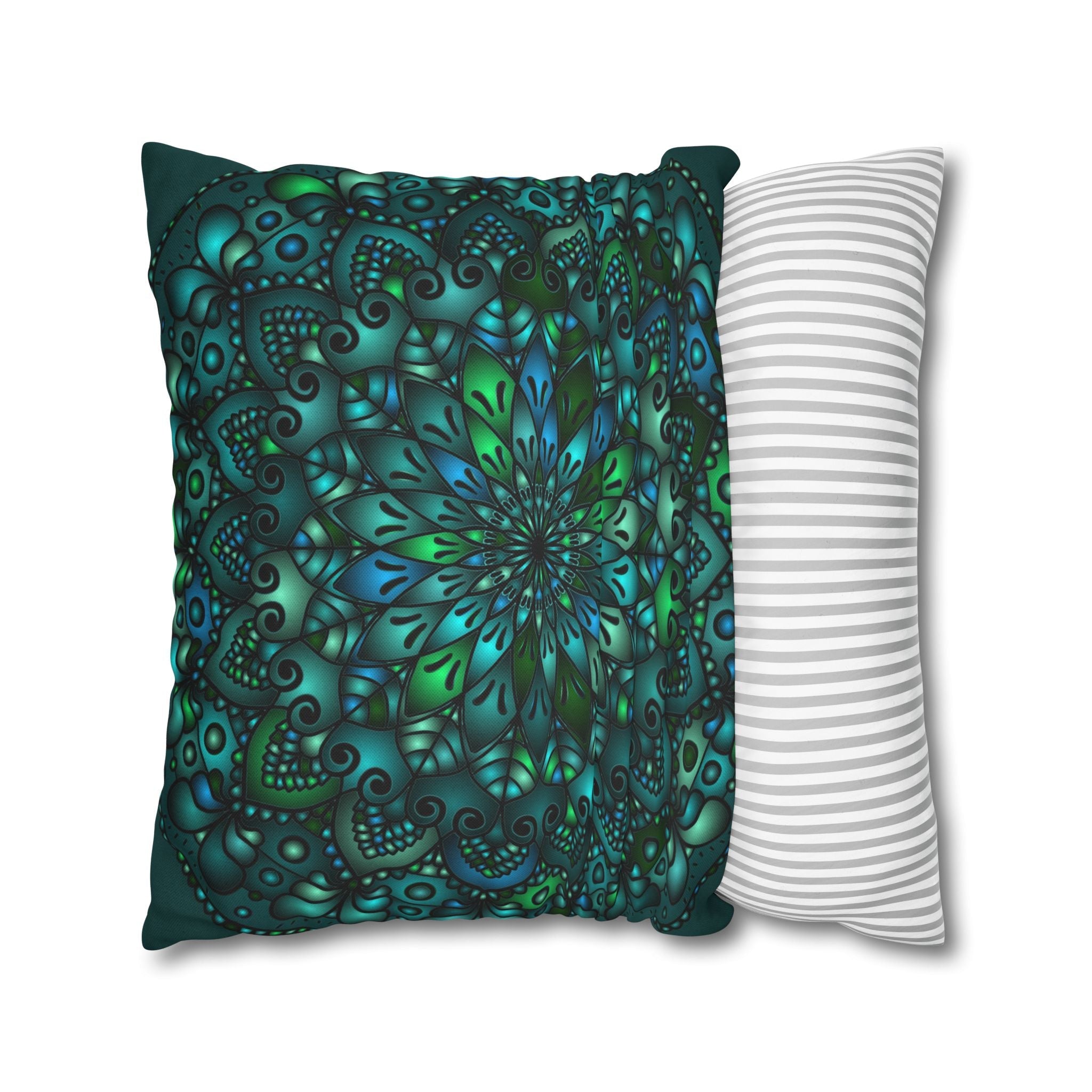 Spun Polyester Square Pillowcase Mandala Art - Original Fine Art - Hand - drawn - Petroleum Green - Blululi