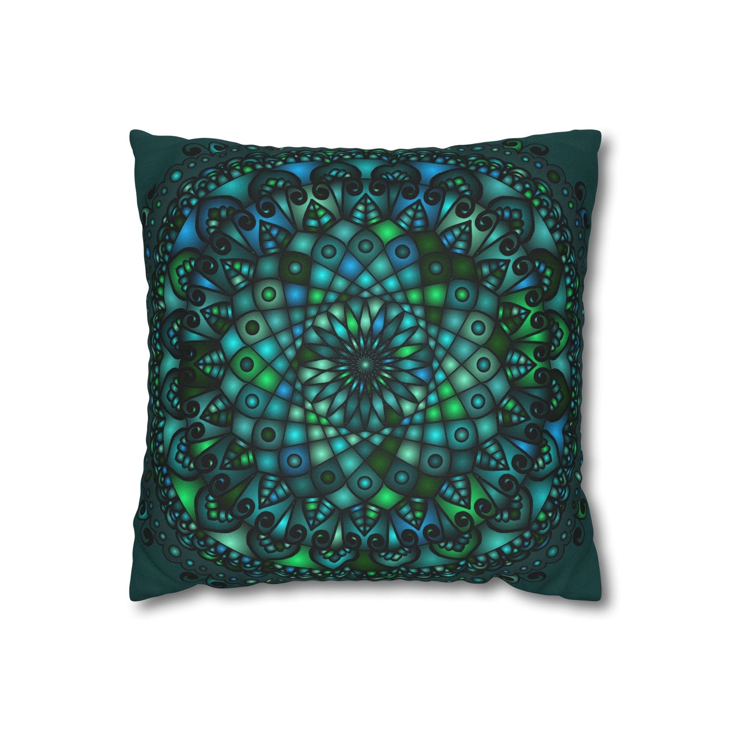 Spun Polyester Square Pillowcase Mandala Art - Original Fine Art - Hand - drawn - Petroleum Green - Blululi