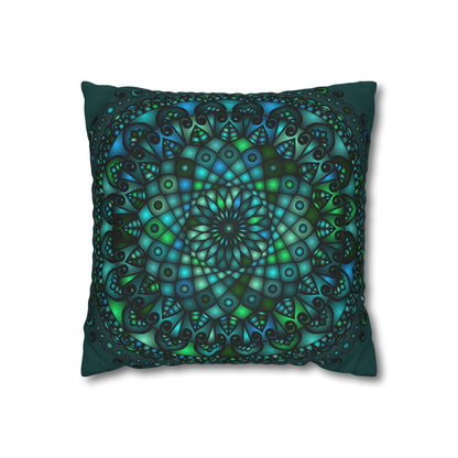 Spun Polyester Square Pillowcase Mandala Art - Original Fine Art - Hand - drawn - Petroleum Green - Blululi