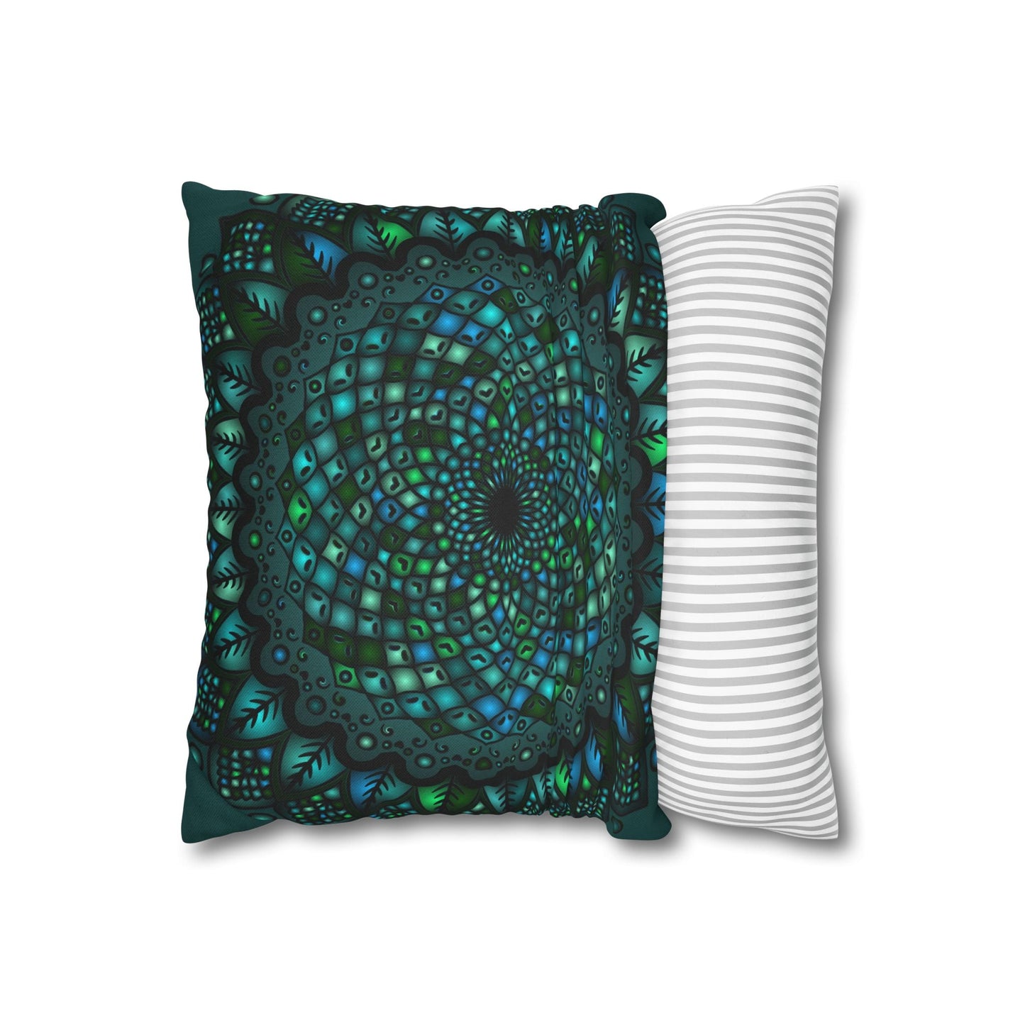 Spun Polyester Square Pillowcase Mandala Art - Original Fine Art - Hand - drawn - Petroleum Green - Blululi