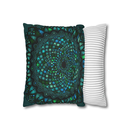 Spun Polyester Square Pillowcase Mandala Art - Original Fine Art - Hand - drawn - Petroleum Green - Blululi