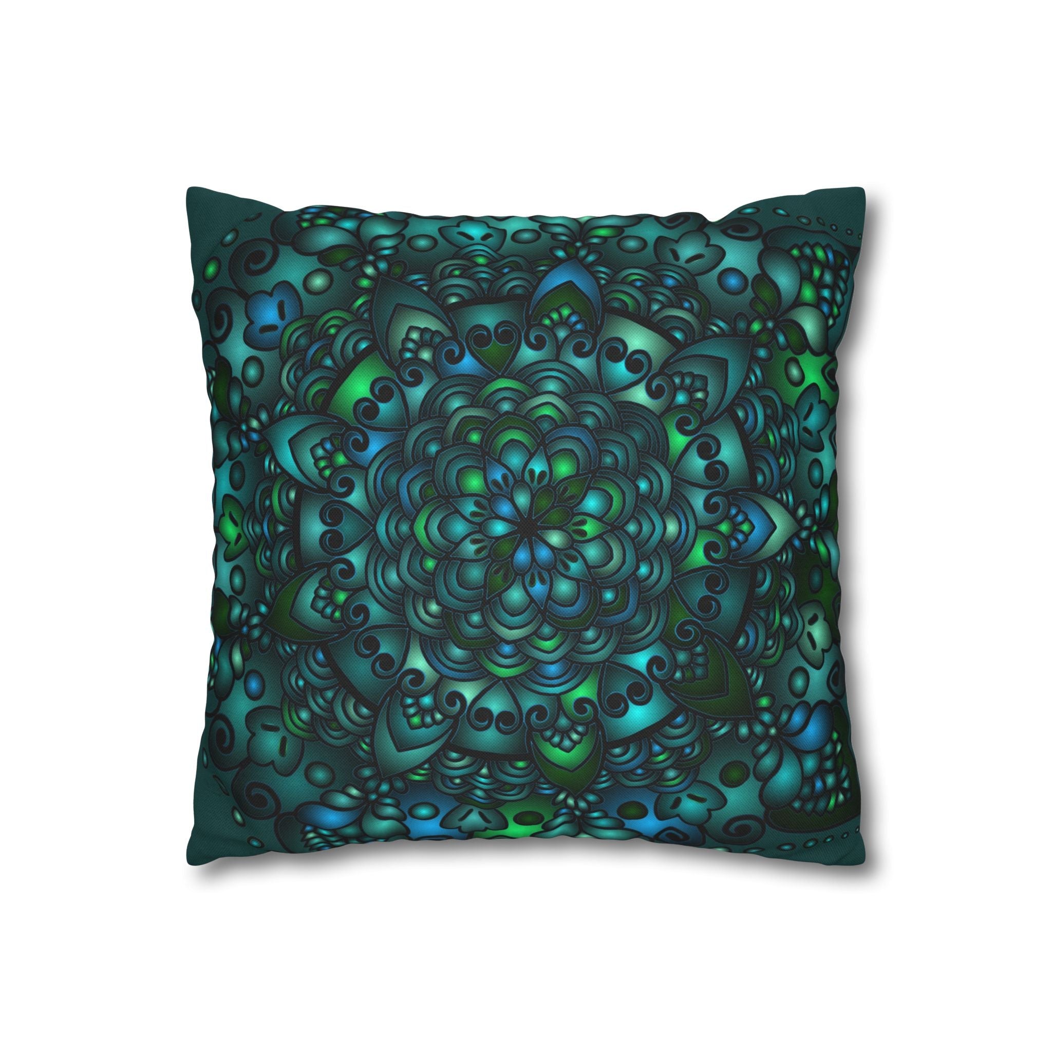 Spun Polyester Square Pillowcase Mandala Art - Original Fine Art - Hand - drawn - Petroleum Green - Blululi