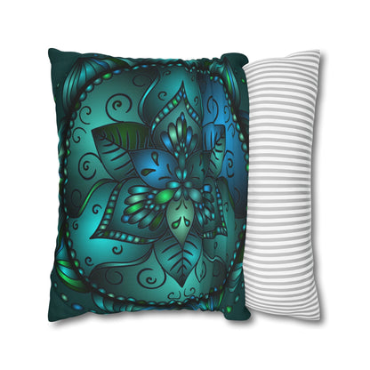 Spun Polyester Square Pillowcase Mandala Art - Original Fine Art - Hand - drawn - Petroleum Green - Blululi