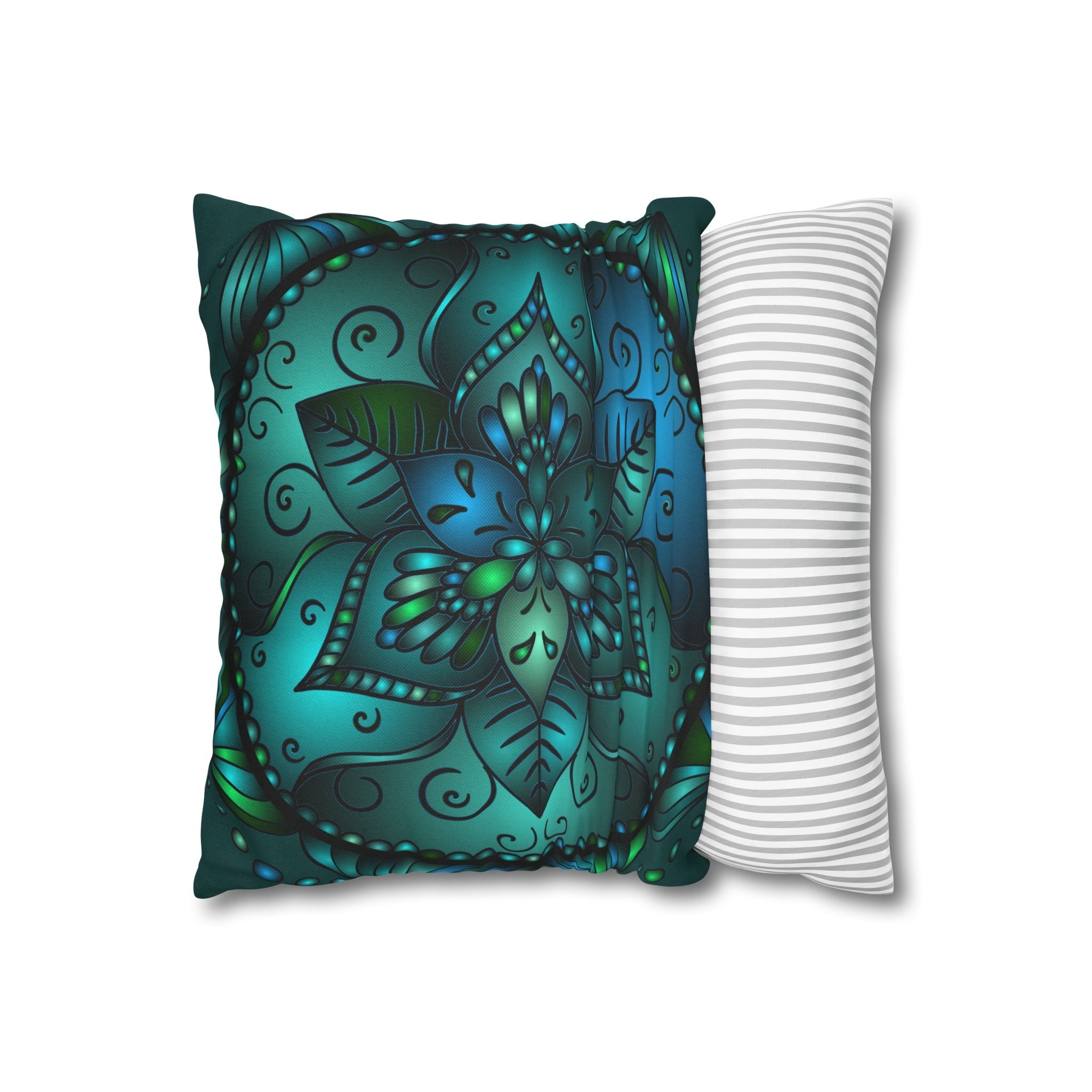 Spun Polyester Square Pillowcase Mandala Art - Original Fine Art - Hand - drawn - Petroleum Green - Blululi