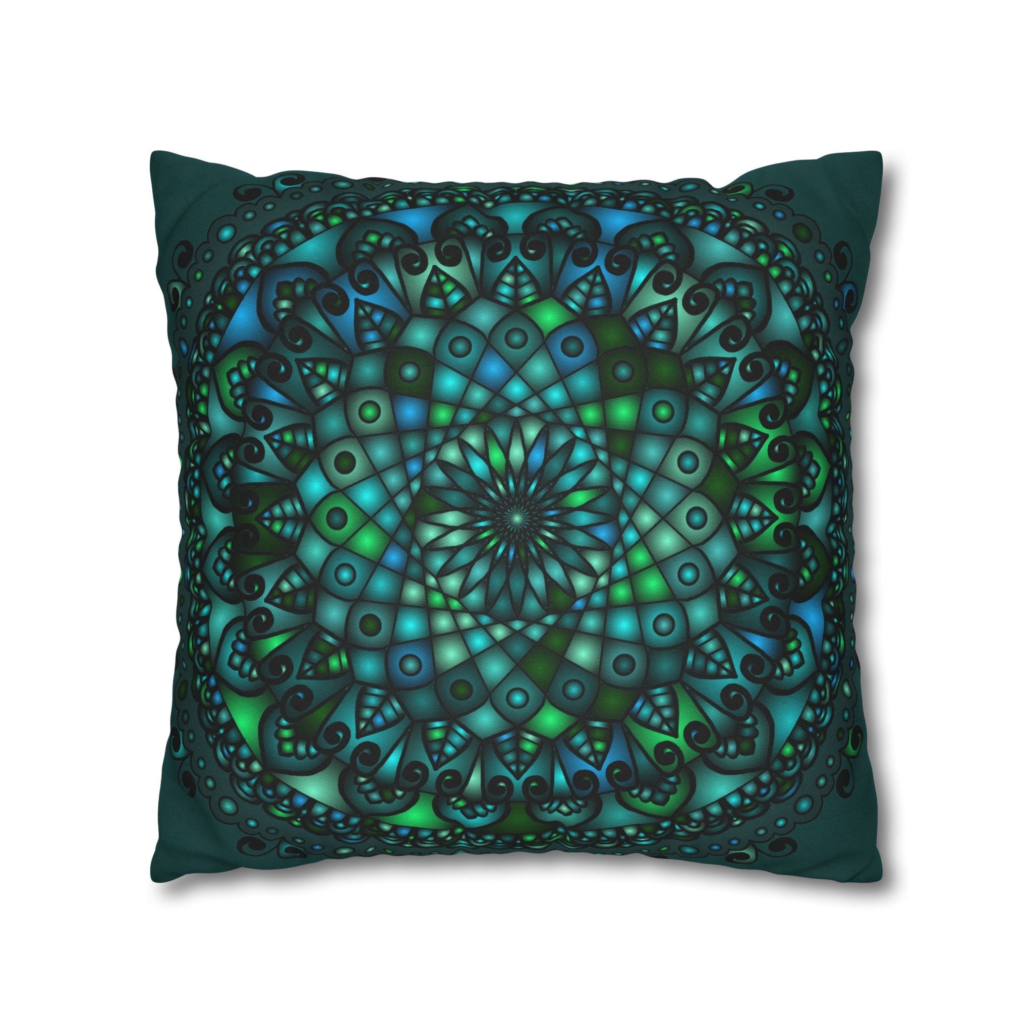 Spun Polyester Square Pillowcase Mandala Art - Original Fine Art - Hand - drawn - Petroleum Green - Blululi