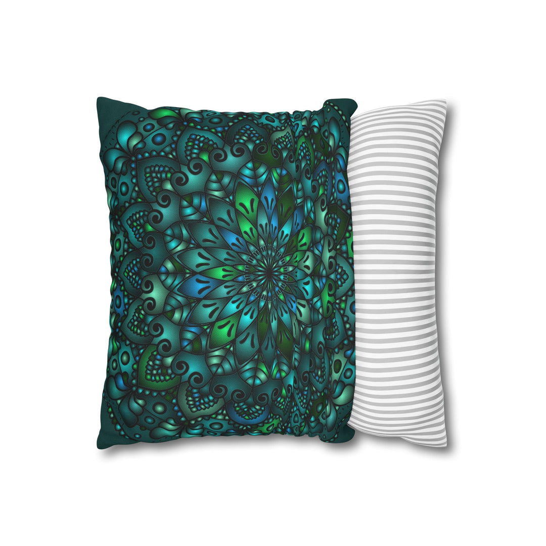 Spun Polyester Square Pillowcase Mandala Art - Original Fine Art - Hand - drawn - Petroleum Green - Blululi