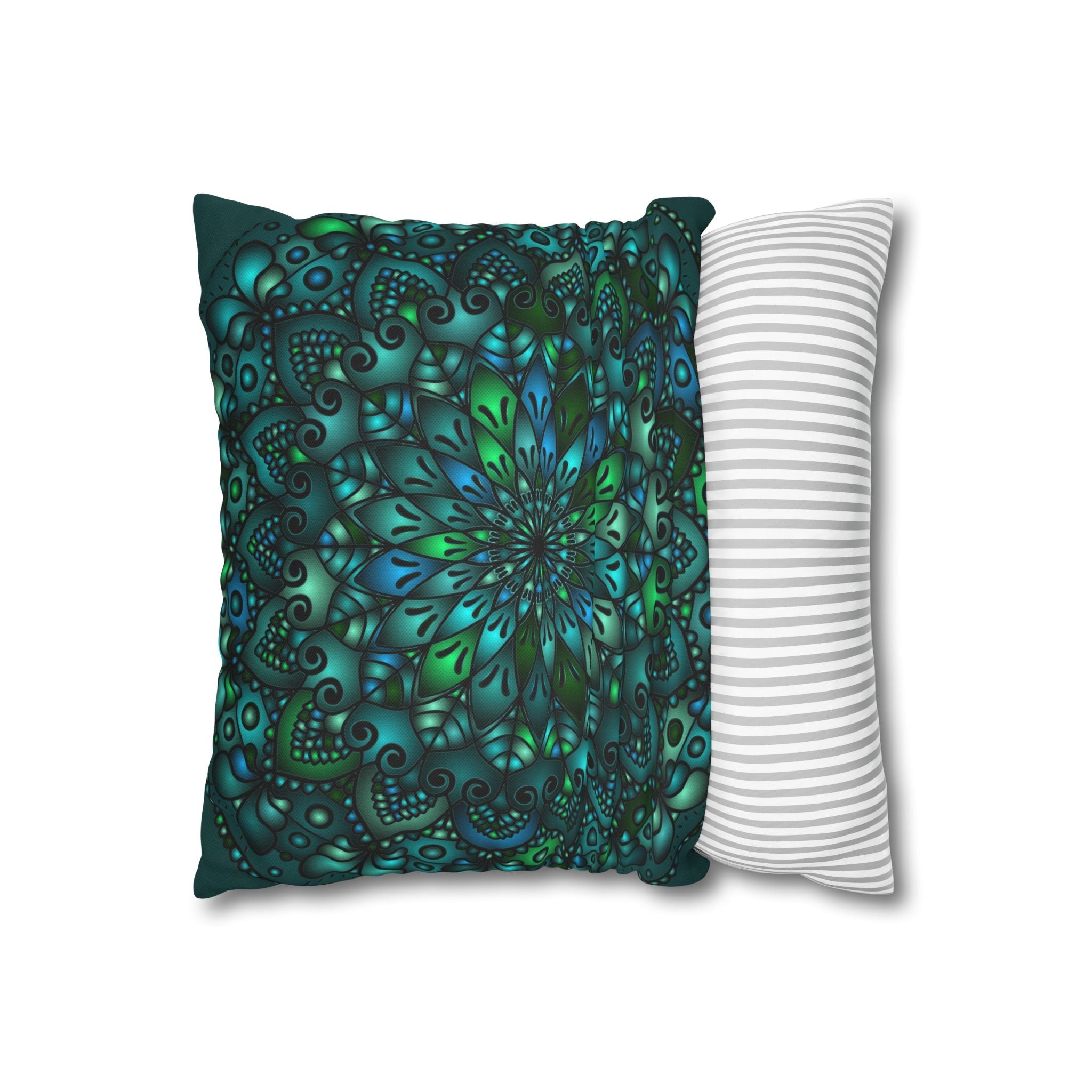 Spun Polyester Square Pillowcase Mandala Art - Original Fine Art - Hand - drawn - Petroleum Green - Blululi