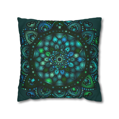 Spun Polyester Square Pillowcase Mandala Art - Original Fine Art - Hand - drawn - Petroleum Green - Blululi