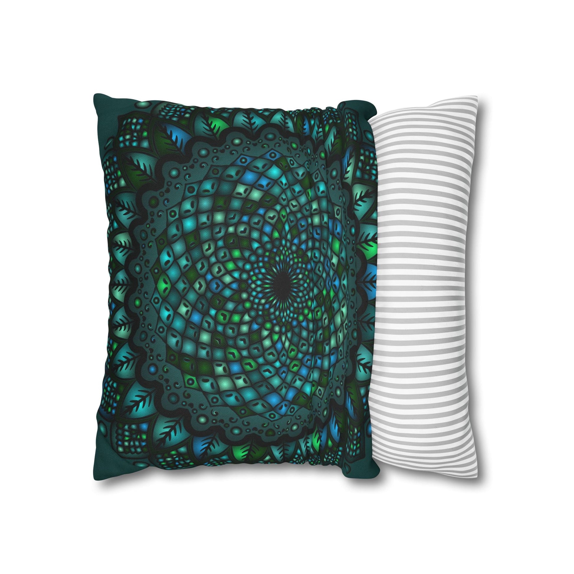 Spun Polyester Square Pillowcase Mandala Art - Original Fine Art - Hand - drawn - Petroleum Green - Blululi