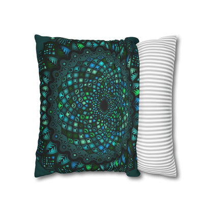 Spun Polyester Square Pillowcase Mandala Art - Original Fine Art - Hand - drawn - Petroleum Green - Blululi