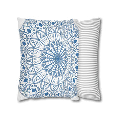 Spun Polyester Square Pillowcase Mandala Art - Original Fine Art - Hand - drawn - Steel Blue on White - Blululi