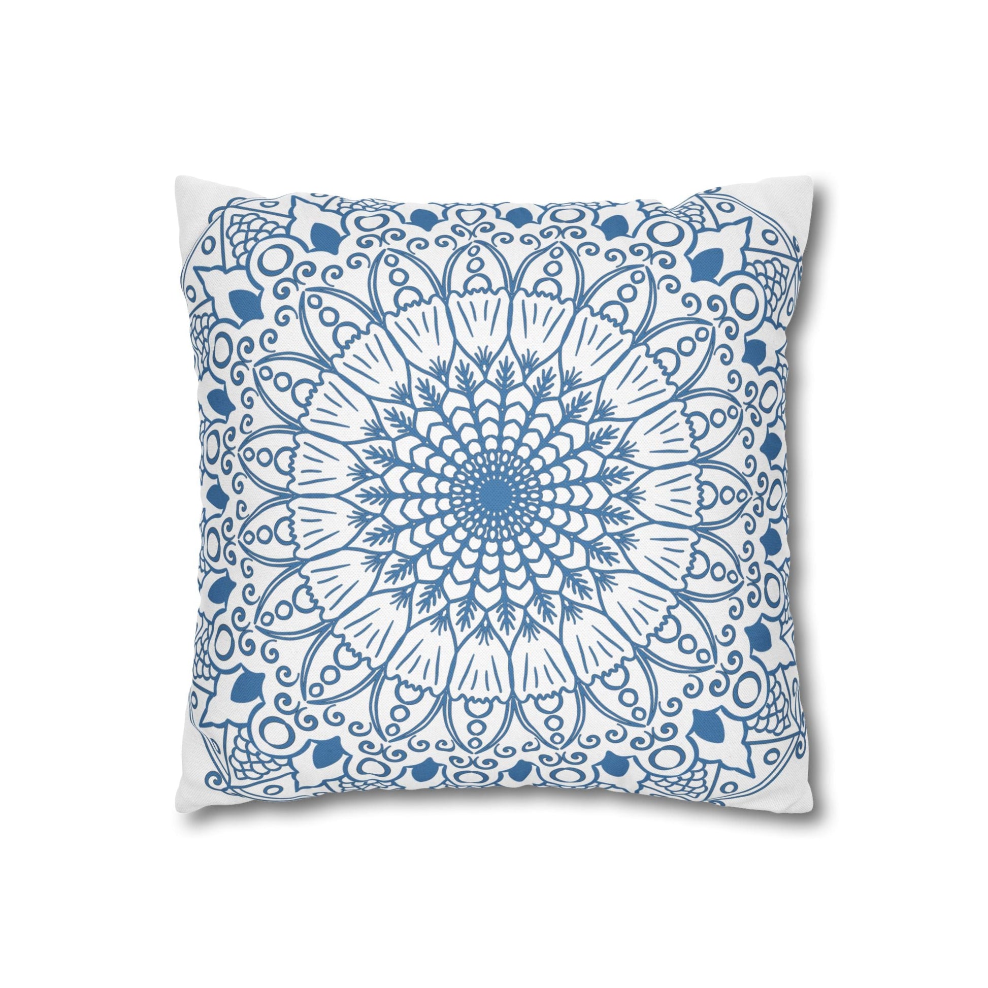 Spun Polyester Square Pillowcase Mandala Art - Original Fine Art - Hand - drawn - Steel Blue on White - Blululi