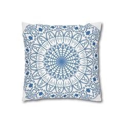 Spun Polyester Square Pillowcase Mandala Art - Original Fine Art - Hand - drawn - Steel Blue on White - Blululi