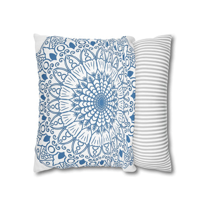 Spun Polyester Square Pillowcase Mandala Art - Original Fine Art - Hand - drawn - Steel Blue on White - Blululi