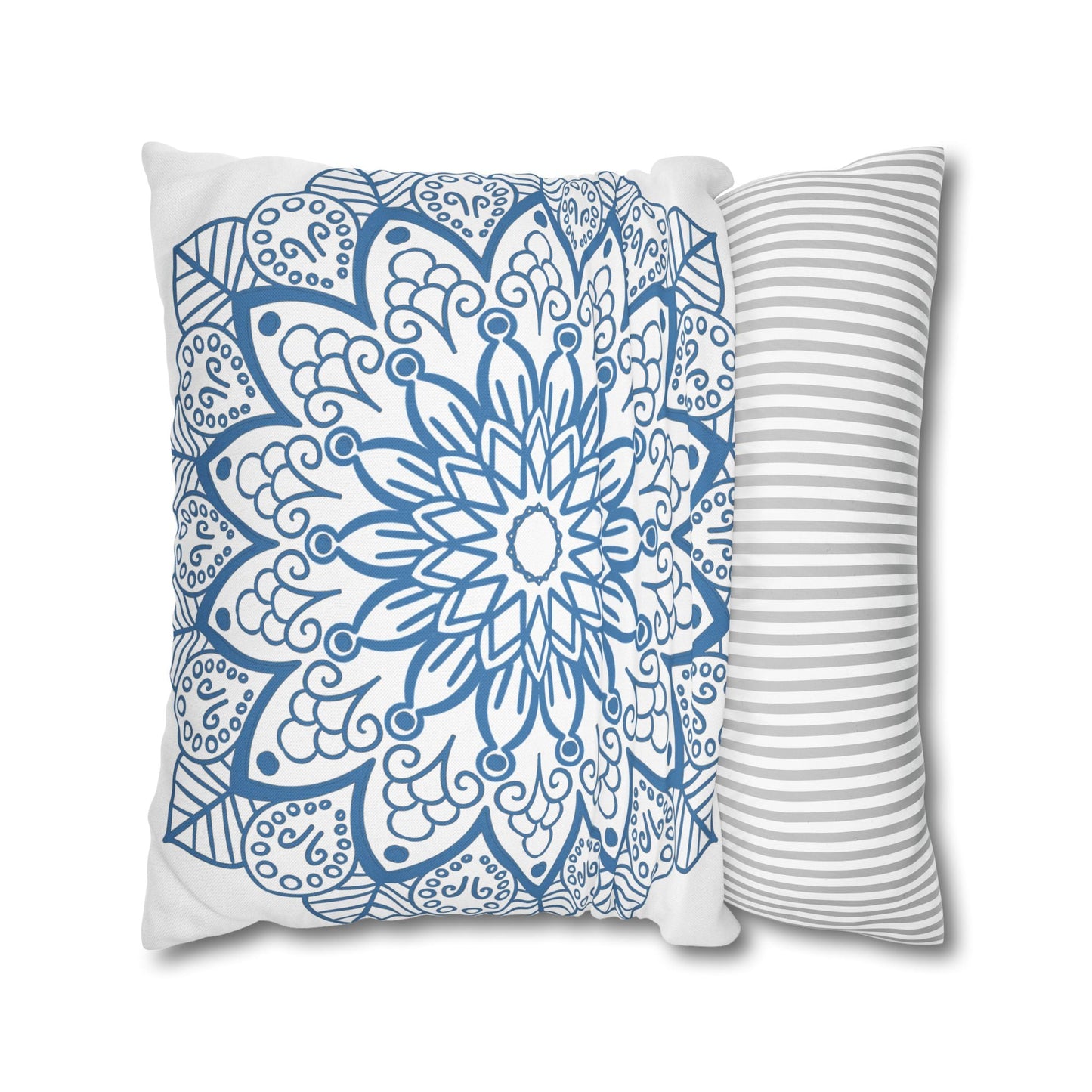 Spun Polyester Square Pillowcase Mandala Art - Original Fine Art - Hand - drawn - Steel Blue on White - Blululi