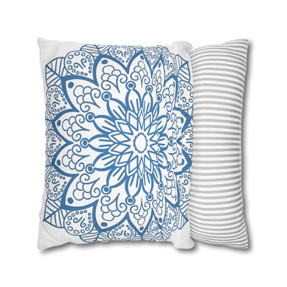 Spun Polyester Square Pillowcase Mandala Art - Original Fine Art - Hand - drawn - Steel Blue on White - Blululi