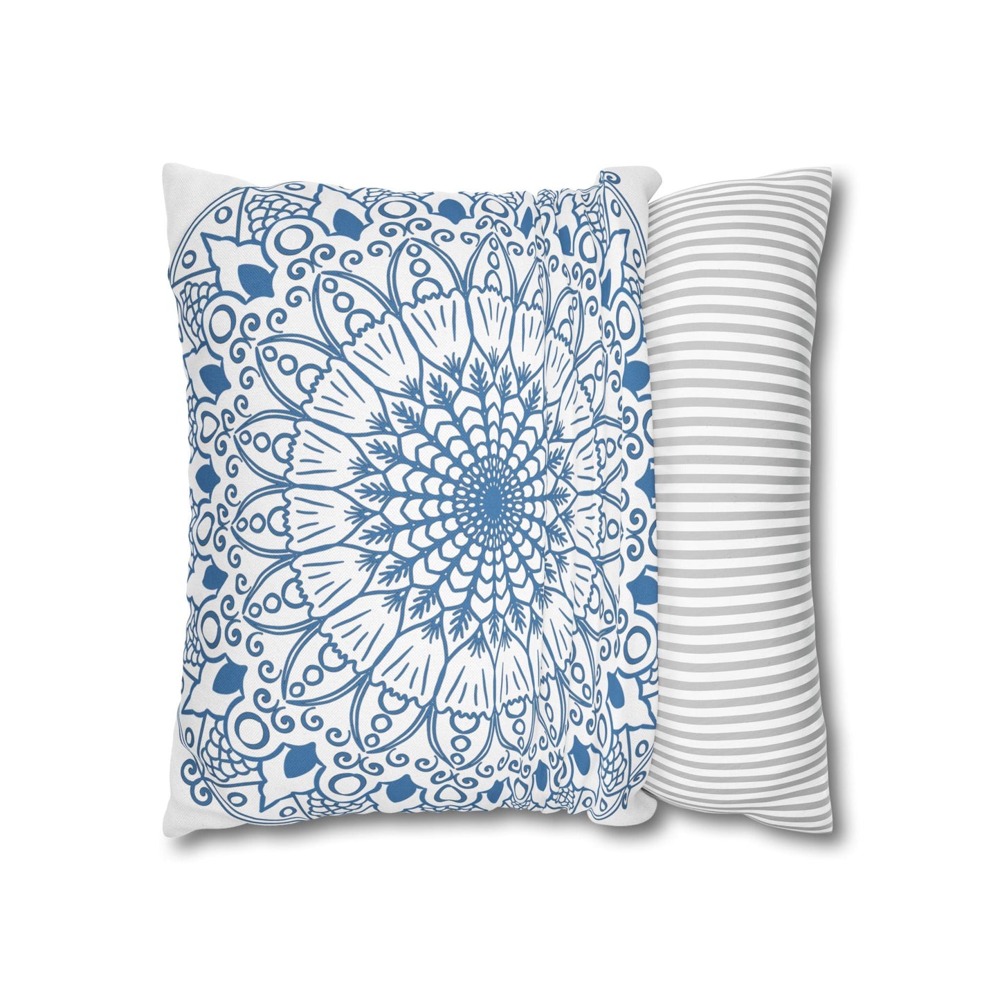 Spun Polyester Square Pillowcase Mandala Art - Original Fine Art - Hand - drawn - Steel Blue on White - Blululi