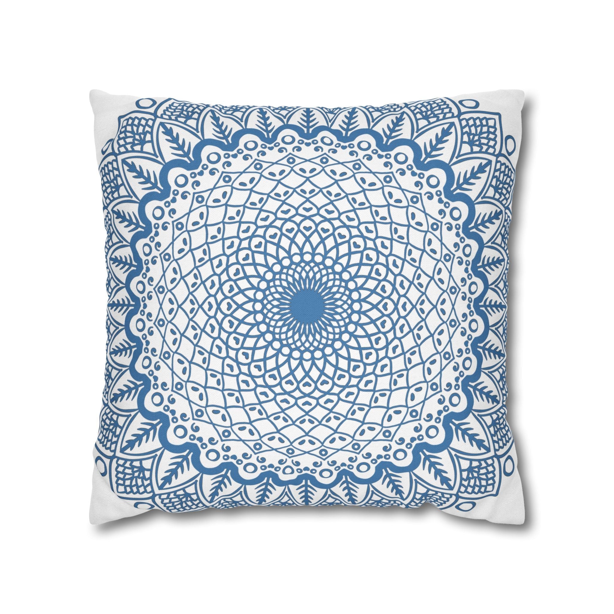 Spun Polyester Square Pillowcase Mandala Art - Original Fine Art - Hand - drawn - Steel Blue on White - Blululi