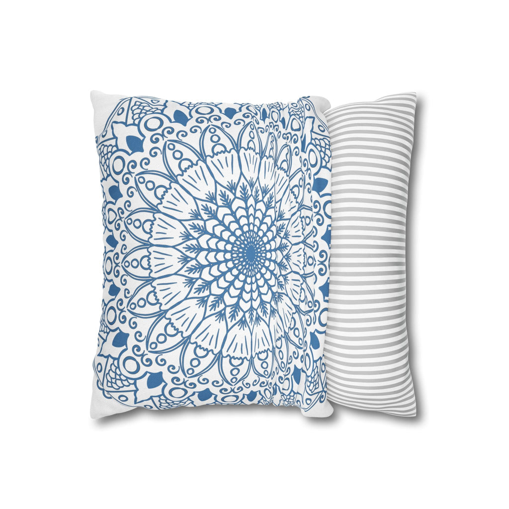 Spun Polyester Square Pillowcase Mandala Art - Original Fine Art - Hand - drawn - Steel Blue on White - Blululi