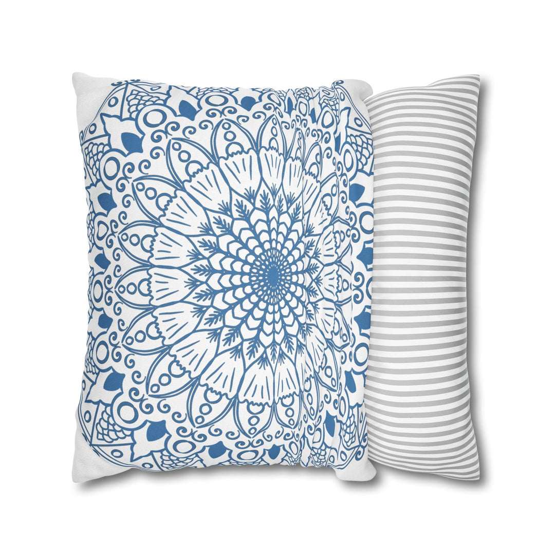 Spun Polyester Square Pillowcase Mandala Art - Original Fine Art - Hand - drawn - Steel Blue on White - Blululi