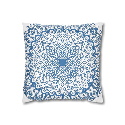 Spun Polyester Square Pillowcase Mandala Art - Original Fine Art - Hand - drawn - Steel Blue on White - Blululi