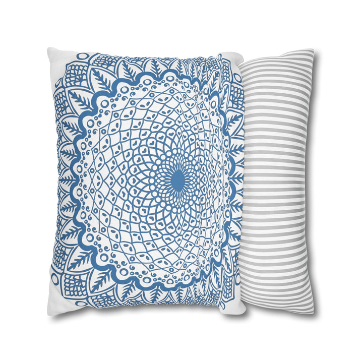 Spun Polyester Square Pillowcase Mandala Art - Original Fine Art - Hand - drawn - Steel Blue on White - Blululi