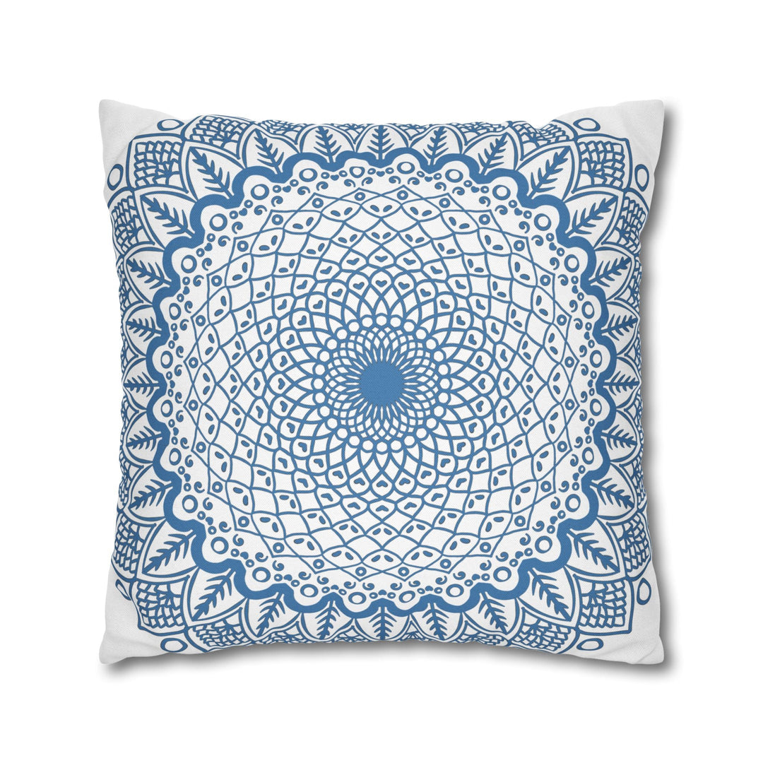 Spun Polyester Square Pillowcase Mandala Art - Original Fine Art - Hand - drawn - Steel Blue on White - Blululi