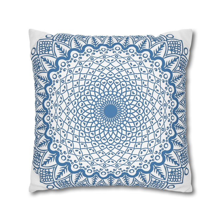 Spun Polyester Square Pillowcase Mandala Art - Original Fine Art - Hand - drawn - Steel Blue on White - Blululi