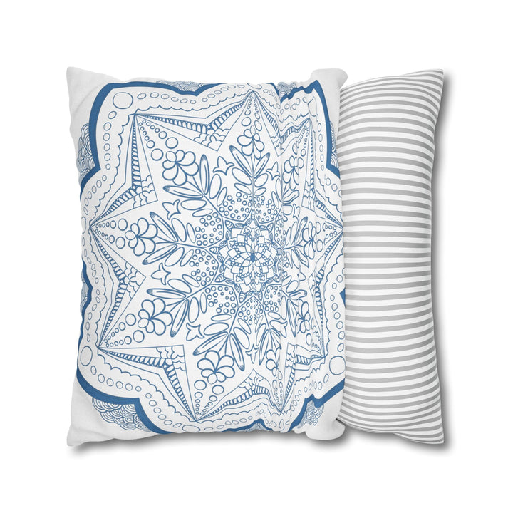 Spun Polyester Square Pillowcase Mandala Art - Original Fine Art - Hand - drawn - Steel Blue on White - Blululi