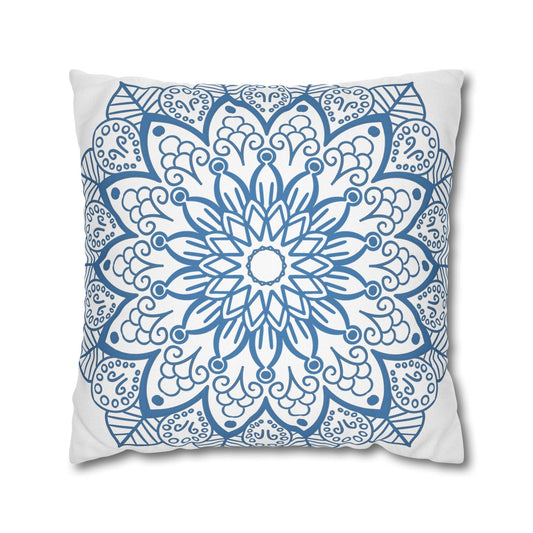 Spun Polyester Square Pillowcase Mandala Art - Original Fine Art - Hand - drawn - Steel Blue on White - Blululi