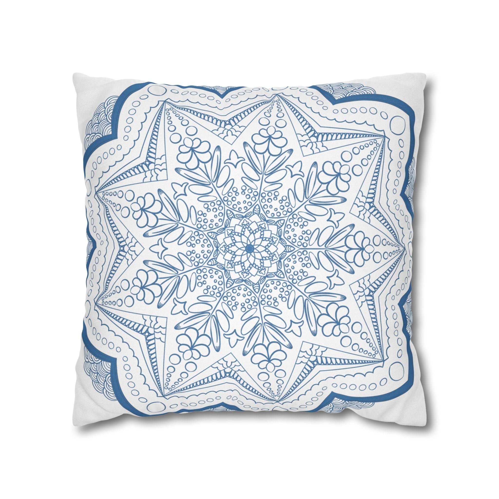 Spun Polyester Square Pillowcase Mandala Art - Original Fine Art - Hand - drawn - Steel Blue on White - Blululi