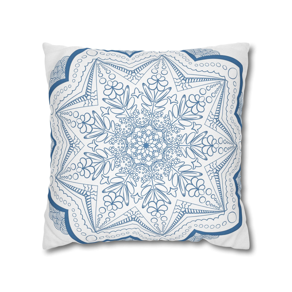 Spun Polyester Square Pillowcase Mandala Art - Original Fine Art - Hand - drawn - Steel Blue on White - Blululi