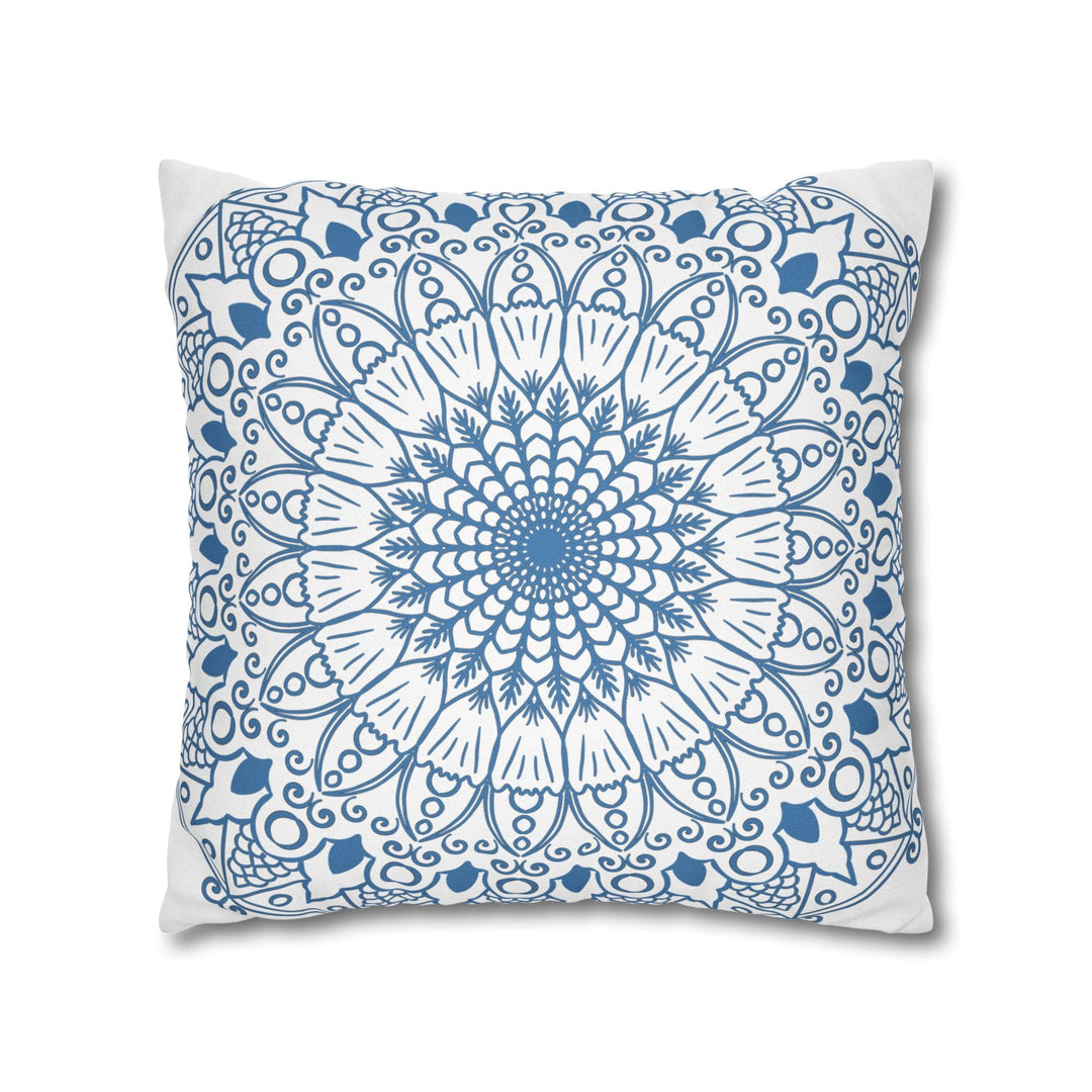 Spun Polyester Square Pillowcase Mandala Art - Original Fine Art - Hand - drawn - Steel Blue on White - Blululi