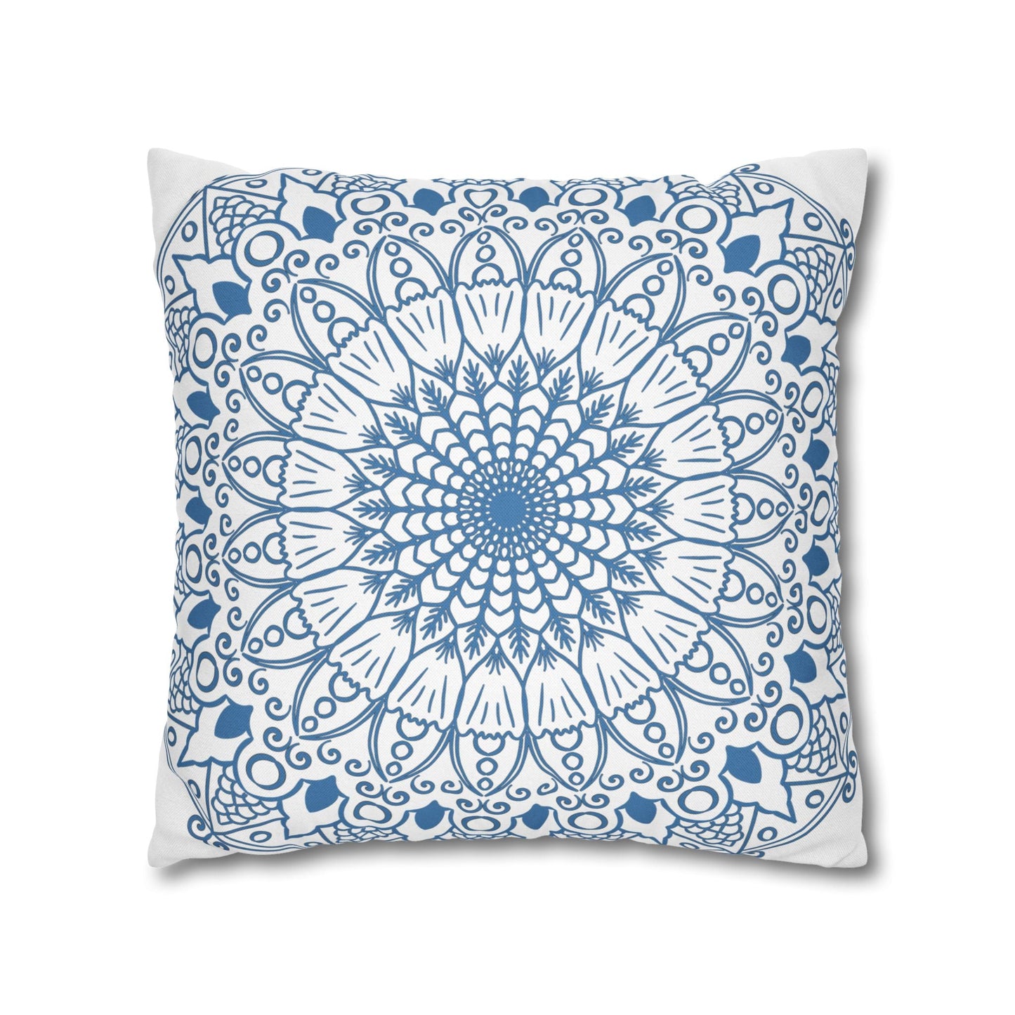 Spun Polyester Square Pillowcase Mandala Art - Original Fine Art - Hand - drawn - Steel Blue on White - Blululi