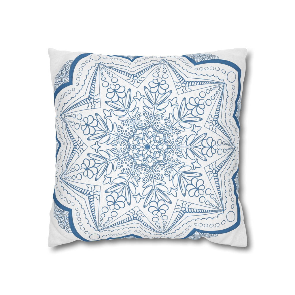 Spun Polyester Square Pillowcase Mandala Art - Original Fine Art - Hand - drawn - Steel Blue on White - Blululi