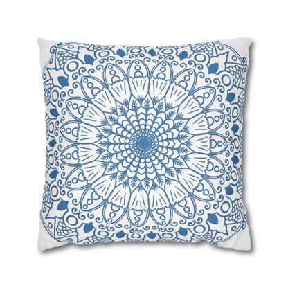 Spun Polyester Square Pillowcase Mandala Art - Original Fine Art - Hand - drawn - Steel Blue on White - Blululi