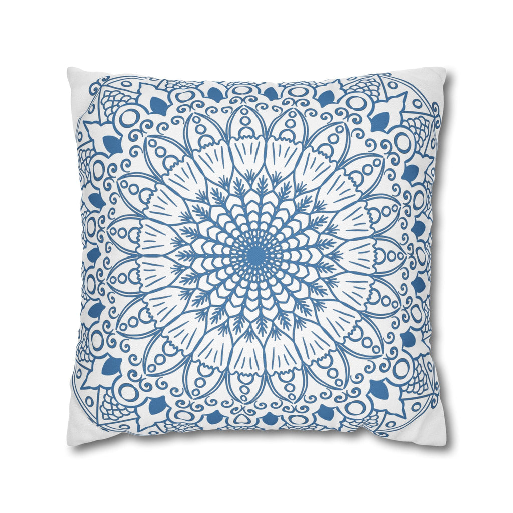 Spun Polyester Square Pillowcase Mandala Art - Original Fine Art - Hand - drawn - Steel Blue on White - Blululi