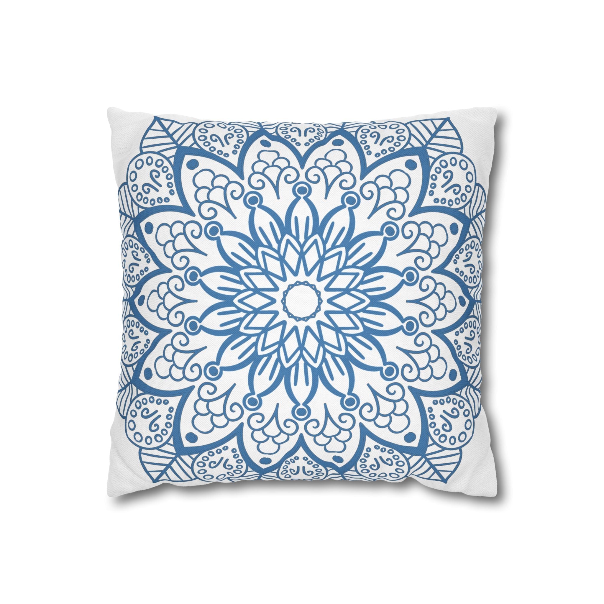 Spun Polyester Square Pillowcase Mandala Art - Original Fine Art - Hand - drawn - Steel Blue on White - Blululi