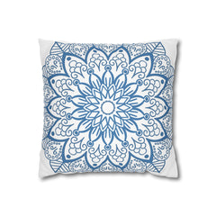 Spun Polyester Square Pillowcase Mandala Art - Original Fine Art - Hand - drawn - Steel Blue on White - Blululi