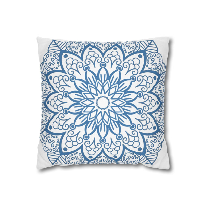 Spun Polyester Square Pillowcase Mandala Art - Original Fine Art - Hand - drawn - Steel Blue on White - Blululi