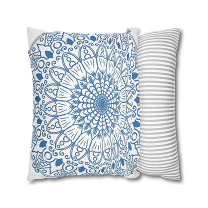 Spun Polyester Square Pillowcase Mandala Art - Original Fine Art - Hand - drawn - Steel Blue on White - Blululi