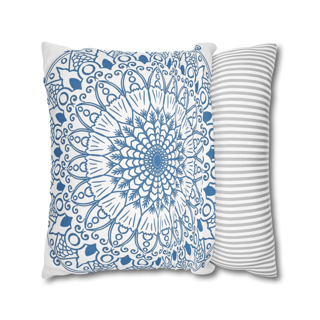 Spun Polyester Square Pillowcase Mandala Art - Original Fine Art - Hand - drawn - Steel Blue on White - Blululi